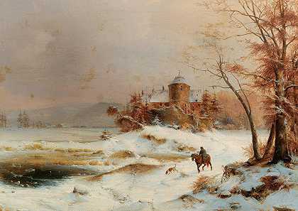 在广阔的冬季景观中骑手`Riders in a vast winter landscape (1838) by Carl Hilgers