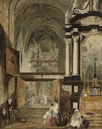 威尼斯圣玛丽亚格洛丽亚·德尔·弗雷里的屋内`The interior of Santa Maria Gloriosa Del Frari, Venice (1866) by Edward Pritchett