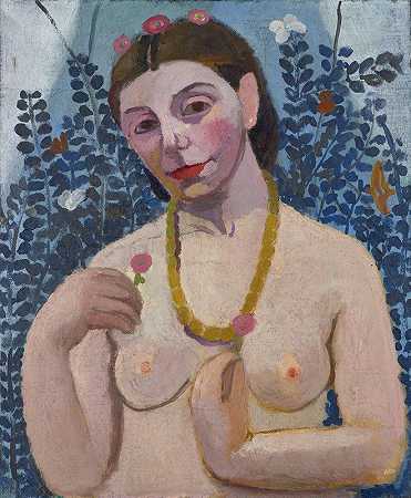 半身裸体自画像配琥珀项链II`Self~Portrait as a Half~Length Nude with Amber Necklace II (1906) by Paula Modersohn-Becker