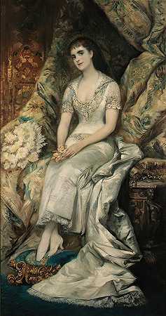 一位坐着的女士的肖像，可能是比安卡·特森伯格伯爵夫人`A Portrait Of A Seated Lady, Possibly Countess Bianca Teschenberg by Hans Makart