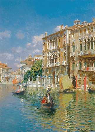 威尼斯卡瓦利·弗兰切蒂宫前的吊舱工人`Gondoliers In Front Of The Palazzo Cavalli~Franchetti, Venice by Rubens Santoro