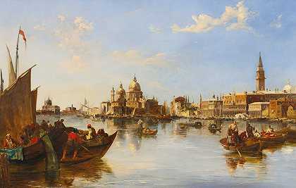 威尼斯大运河口的平底船和渔船`Gondolas And Fishing Boats At The Mouth Of The Grand Canal, Venice by Edward Pritchett