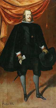 菲利普四世国王的肖像，身穿黑色衣服，戴着金羊毛勋章`Portrait of King Philip IV, dressed in black and wearing the Order of the Golden Fleece by Workshop of Diego Velázquez