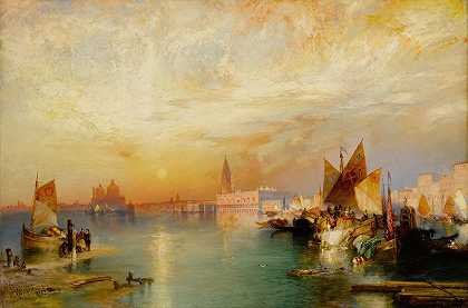 日落圣玛丽亚和公爵宫，威尼斯`Sunset Santa Maria and the Ducal Palace, Venice (1902) by Thomas Moran