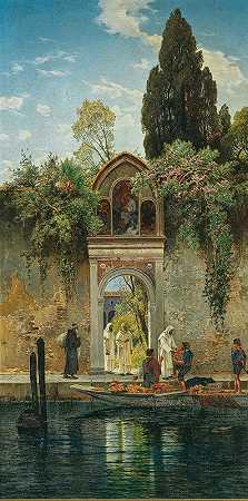 威尼斯圣拉扎罗岛修道院的大门`Venice, at the gate of the island monastery of San Lazzaro by Hermann David Salomon Corrodi