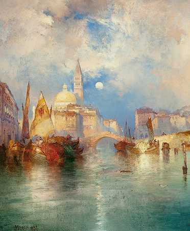 月亮升起，基奥贾，威尼斯`Moonrise, Chioggia, Venice (1897) by Thomas Moran