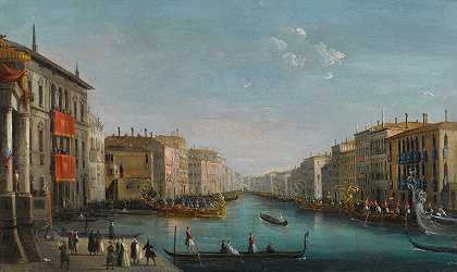 威尼斯，从巴尔比宫眺望里亚尔托大桥，可以看到大运河的景色，这里有一座皇家宫殿`Venice, A View Of The Grand Canal From The Palazzo Balbi Looking Toward The Rialto Bridge With A Regata by Giuseppe Bernardino Bison