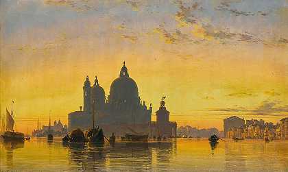 威尼斯，日落在圣玛丽亚教堂后面敬礼`Venice, Sunset Behind The Church Of Santa Maria Della Salute  (1855) by Edward William Cooke