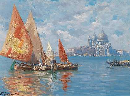 威尼斯，渔船前向圣玛丽亚·德拉致敬`Venice, Fishing Boats before Santa Maria della Salute by Ferdinando Silvani