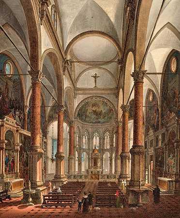 威尼斯圣扎卡里亚教堂的屋内`Venice, interior of the Church of San Zaccaria (1830) by Giuseppe Borsato