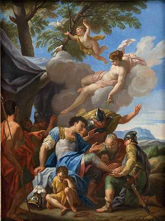 维纳斯为受伤的埃涅阿斯带来了简单的东西`Venus Bringing Simples for the Wounded Aeneas (1706) by Hendrik Krock