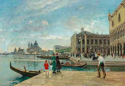 威尼斯，圣马可圆柱和圣玛丽亚·德拉敬礼景观`Venice, a view of St Mark’s Columns and Santa Maria della Salute by Heinrich Hermanns