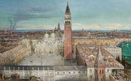 威尼斯，鸟瞰圣马克广场`Venice, a bird’s eye view of St Mark’s Square by Italian School