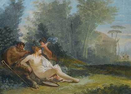 经典风景中的维纳斯和丘比特与色狼`Venus And Cupid With A Satyr In A Classical Landscape by Giuseppe Bernardino Bison