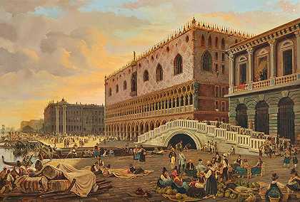 威尼斯，德拉帕格里亚桥和多格宫`Venice, Ponte della Paglia with the Doge’s Palace (1845) by Pieter van Loon