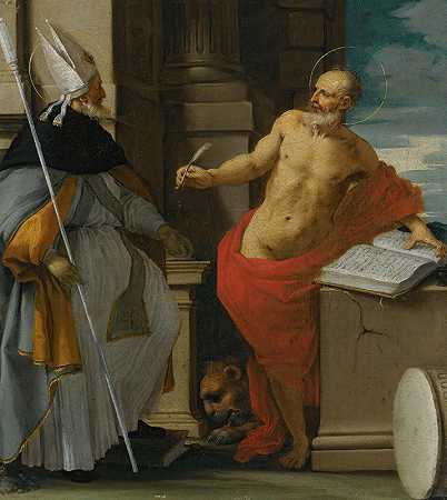 经典场景中的圣奥古斯丁和杰罗姆`Saints Augustine And Jerome In A Classical Setting (17th Century) by Emilian School