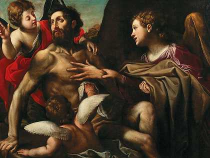 圣本笃支持`Saint Benedict supported by angels by angels by Alessandro Tiarini