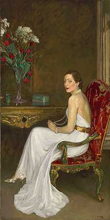 穿白衣服的女士，温伯恩子爵夫人`The Lady in White, Viscountess Wimborne (1939) by Sir John Lavery