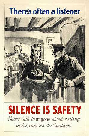 那里他经常是个倾听者。沉默就是安全。永远不要和任何人谈论航行日期、货物、目的地`Theres often a listener. Silence is safety. Never talk to anyone about sailing dates, cargoes, destinations (1939~1946)