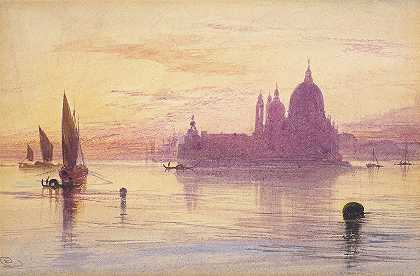 日落时分的威尼斯圣玛丽亚德拉礼炮`Santa Maria della Salute, Venice, at Sunset (1865~1884) by Edward Lear