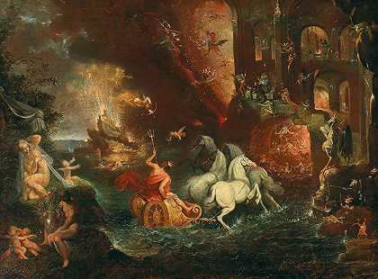 一个奇幻的场景，包括维纳斯与丘比特和海王星在他的战车里`A fantastical scene including Venus with Cupid and Neptune in his chariot (Second half of the 17th Century) by School of the Netherlands