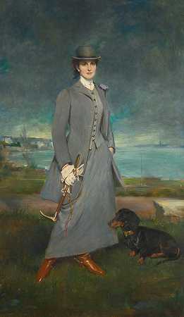 穿着马术服的德拉迈特里埃伯爵夫人画像`Portrait Of Countess De La Maitrie In equestrian Dress (1910) by Charles Albert Walhain