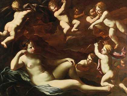 维纳斯和丘比特与阿莫里尼`Venus and Cupid with Amorini (17th Century) by Roman School