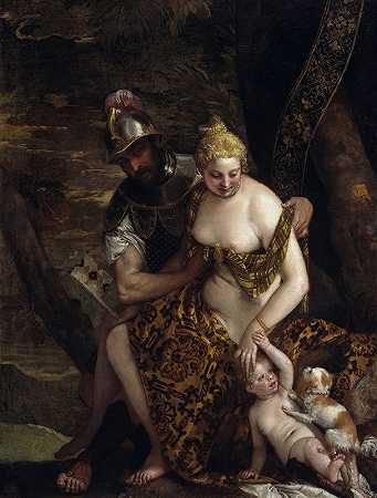 火星，维纳斯和丘比特火星和维纳斯与丘比特和狗`Mars, Venus and Cupid Mars and Venus With Cupid and a Dog (About 1580) by Paolo Veronese