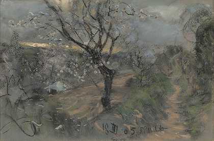 阴天下长满盛开的樱桃树的山坡小径`A Hillside Path with Blooming Cherry Trees under an Overcast Sky (1905) by Francesco Paolo Michetti