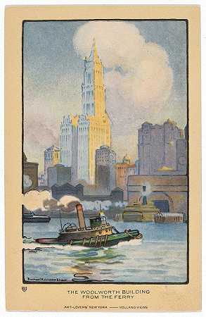 渡口上的伍尔沃斯大楼`The Woolworth Building from the Ferry (1914) by Rachael Robinson Elmer
