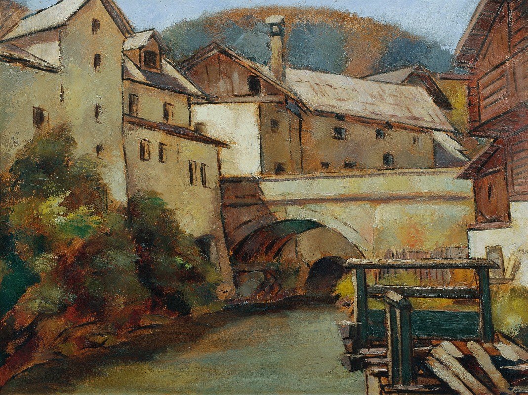 有河有桥的城市景观`Ansicht Einer Stadt Mit Fluss Und Brücke (1940) by Anton Hula