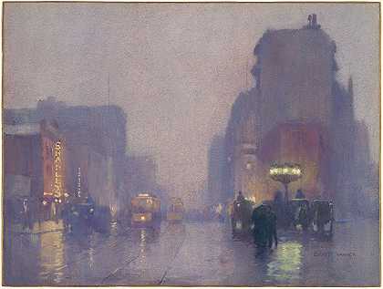 雨夜的百老汇`Broadway on a Rainy Evening (1901) by Everett L. Warner