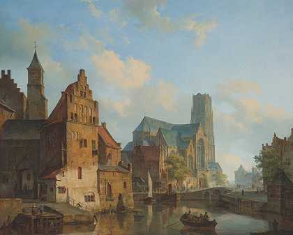 鹿特丹德尔夫茨·瓦特和圣劳伦斯教堂景观`A View Of The Delftse Vaart And St Laurens Church, Rotterdam (1840) by Cornelis Springer