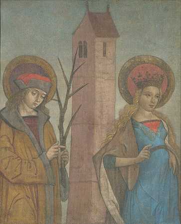 圣徒阿卡提乌斯、芭芭拉、阿波罗尼亚和西巴尔德的二连体画`Diptych of Saints Achatius, Barbara, Apollonia, and Sebald (c. 1490) by German School