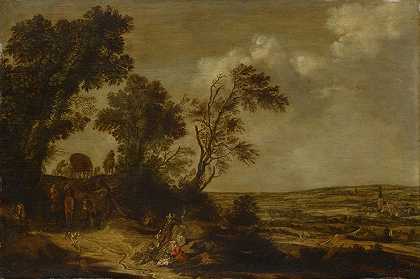 有乡村道路的丘陵景观`Hilly Landscape with a Country Road by Pieter de Molijn