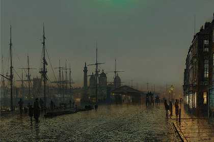赫尔码头在夜间停靠`Hull Docks At Night by John Atkinson Grimshaw
