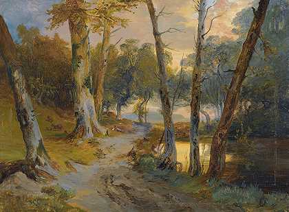 带池塘的森林屋内（带池塘的森林屋内）`Wald Mit Kleinem Weiher (Forest Interior With Pond) by Carl Blechen