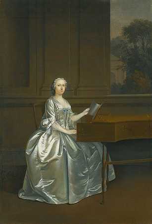 一位女士坐在大键琴旁的肖像，可能是圣奥尔本公爵夫人露西（公元1752年）`Portrait Of A Lady, Seated At A Harpsichord, Possibly Lucy, Duchess Of St. Albans (D. 1752) (1749) by Arthur Devis