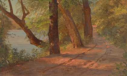 北美景观（道路）`Landscape from North American (Road by a Lake) (ca. 1875) by a Lake) by Frederic Edwin Church
