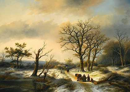 雪路上的采伐者`Wood Gatherers On A Snowy Path (1865) by Jan Jacob Coenraad Spohler