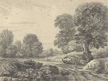 在树木繁茂的道路上的旅行者`Travelers on a Road in a Wooded Landscape by Jean Baptiste Claude Chatelain