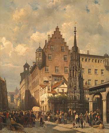 ;美丽的喷泉在纽伦堡`;Der Schöne Brunnen in Nuremberg (1876) by Cornelis Springer