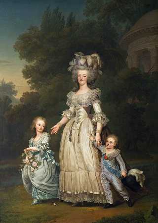 法国王后玛丽·安托瓦内特和她的两个孩子在特里亚农公园散步`Queen Marie Antoinette Of France And Two Of Her Children Walking In The Park Of Trianon by Adolf Ulrik Wertmüller