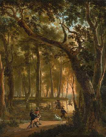 鹿在森林里狩猎`Deer Hunt in a Forest (after 1660) by Jan Hackaert
