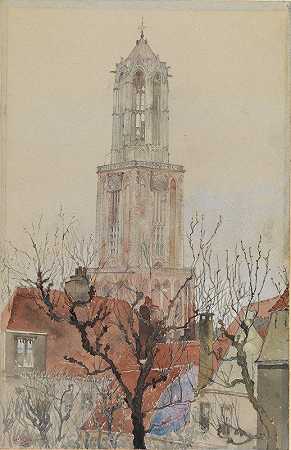 荷兰乌得勒支大教堂塔楼`Tower of the Cathedral of Utrecht, Holland (1898) by Cass Gilbert