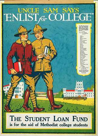 山姆大叔说报名上大学学生贷款基金是为了帮助卫理公会大学的学生`Uncle Sam says ;Enlist for college The student loan fund is for the aid of Methodist college students (1917) by Maud Petersham