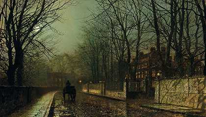 潮湿的月亮，普特尼路`A Wet Moon, Putney Road (1886) by John Atkinson Grimshaw