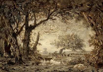 枫丹白露森林的日落`Sunset from the Forest of Fontainebleau (1848) by Théodore Rousseau