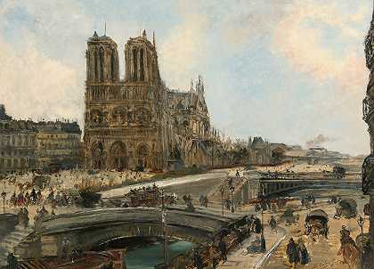 巴黎圣母院风景`View Of Paris With Notre Dame (1893) by Édouard-Jacques Dufeu