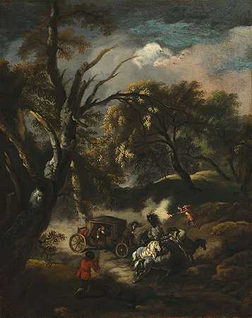 一片树木繁茂的景象，强盗伏击一辆马车`A wooded landscape with bandits ambushing a carriage by Pandolfo Reschi